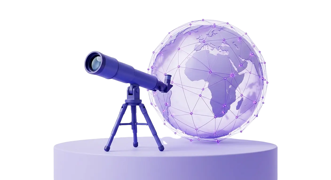 Illustration of a telescope pointed at a globe, representing Stravo Digital's vision
