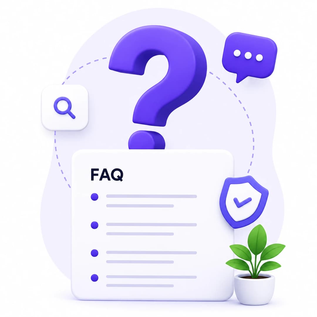 FAQ illustration showing a question mark, FAQ document, and search icon representing Stravo Digital support