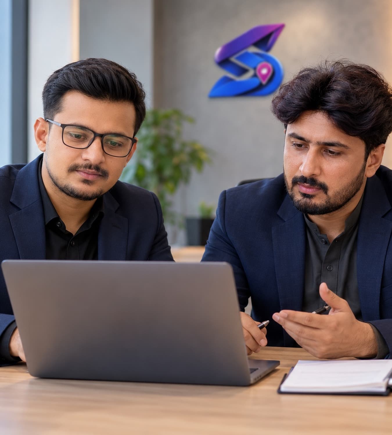 The Stravo Digital team smiling together in their office in front of the company logo