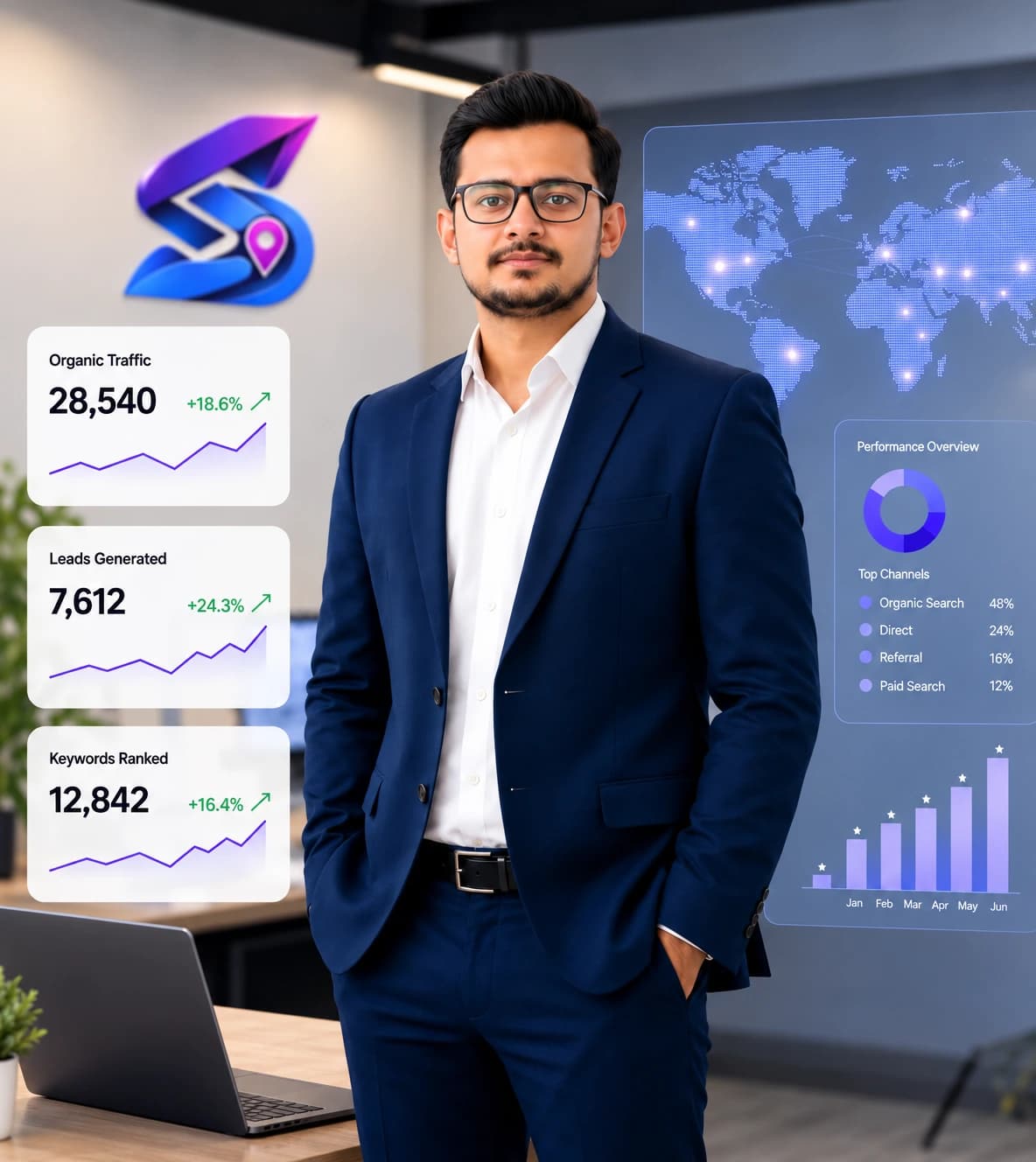 Founder of Stravo Digital standing in front of marketing performance dashboards