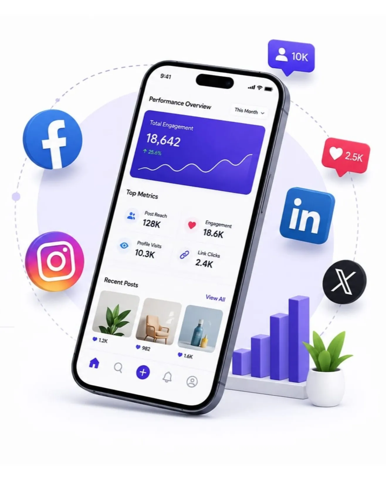 Social media marketing illustration with multiple social platforms