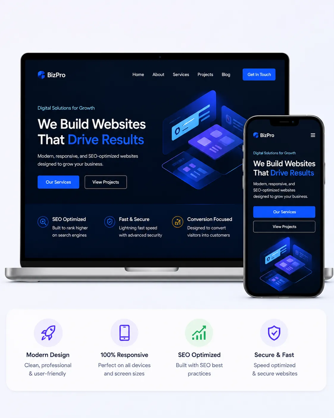 Website development showing modern fast-loading website design